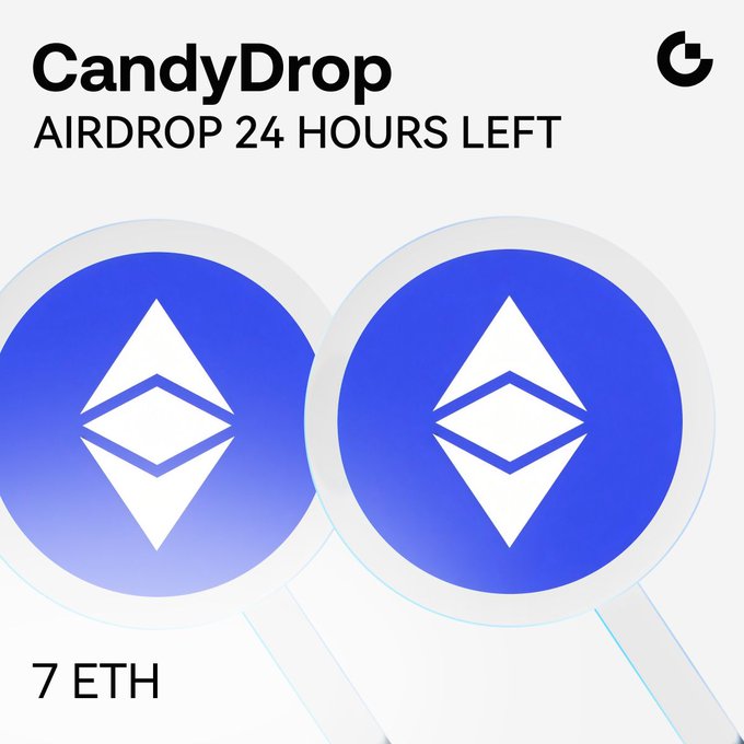 Promotional graphic for Gate’s “CandyDrop” Airdrop, showing “AIRDROP 24 HOURS LEFT,” two large Ethereum logos, and “7 ETH.” It supports the post’s final call for the Gate CandyDrop 7 ETH reward and its futures-trading and invite-friends completion tasks.