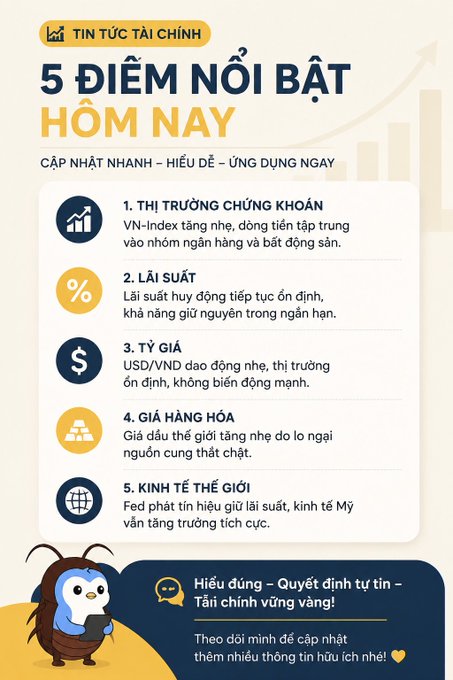 A Vietnamese financial news graphic titled 'TIN TỨC TÀI CHÍNH' listing '5 ĐIỂM NỔI BẬT HÔM NAY' covering stock market, interest rates, exchange rates, commodity prices, and global economy, featuring a mascot beetle character.