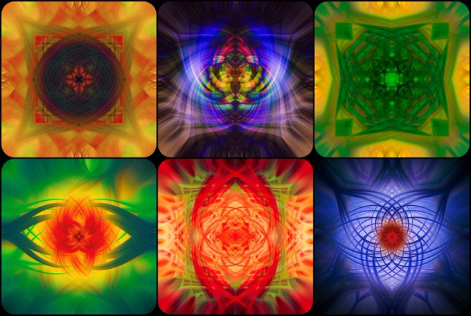 A grid of six abstract, symmetrical kaleidoscopic designs in vibrant colors including orange, blue, green, red, and yellow.