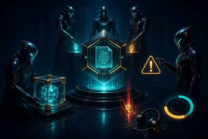 A digital illustration depicts hooded armored figures in a dark futuristic setting examining glowing holographic cubes and security interfaces.