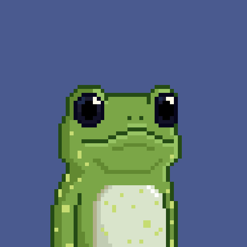 A pixel art image of a green frog with a bored expression and cream-colored belly against a dark blue background.