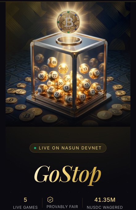 Advertisement for GoStop, a live gaming platform on Nasun Devnet featuring a glowing Bitcoin-themed lottery box, displaying 5 live games, provably fair status, and 41.35M NUSDC wagered.