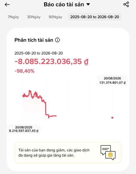 A Vietnamese-language financial asset report screenshot showing a portfolio loss of -8,085,223,036.35 đ (-98.40%) from August 20, 2025 to August 20, 2026, with a steeply declining red chart.
