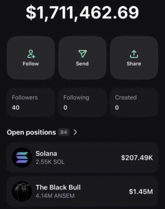A screenshot showing a portfolio or wallet balance of $1,711,462.69 with 40 followers and 0 following, displaying open positions including Solana ($207.49K, 2.55K SOL) and The Black Bull ($1.45M, 4.14M ANSEM).