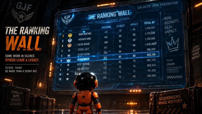 The image shows a futuristic "Ranking Wall" leaderboard for the "Galactic Junk Federation" (GJF), displaying player rankings with stats like missions, loyalty, impact, and total XP, topped by "Iron Sentinel" at #1 with 1,244,500 XP. A small character in an orange spacesuit stands before the glowing display, which features motivational text like "Score. Rank. Be More Than a Scrap Bot." The sci-fi themed graphic loosely ties to the post's NFT discussion by using a "ranking" and "legacy" framework to frame how projects—as well as tokens—rise or fade based on sustained impact versus short-term hype.