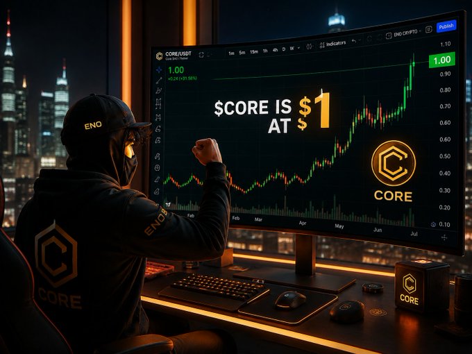 A person wearing a "CORE" and "ENO" branded hoodie and cap celebrates in front of a large curved monitor displaying a candlestick chart with the text "$CORE IS $1 AT $1" and the Core logo.