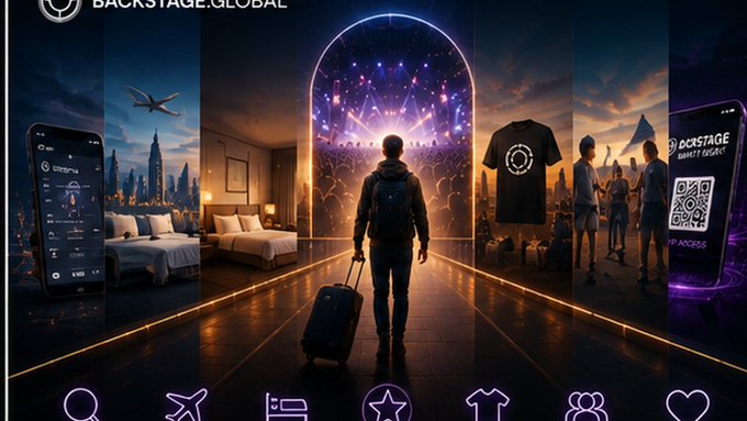 A promotional banner for 'BACKSTAGE.GLOBAL' showing a person with luggage walking toward a glowing portal entrance to a concert venue, flanked by imagery of hotel rooms, a phone app interface, merchandise, and a VIP access QR code, with travel and entertainment icons along the bottom.