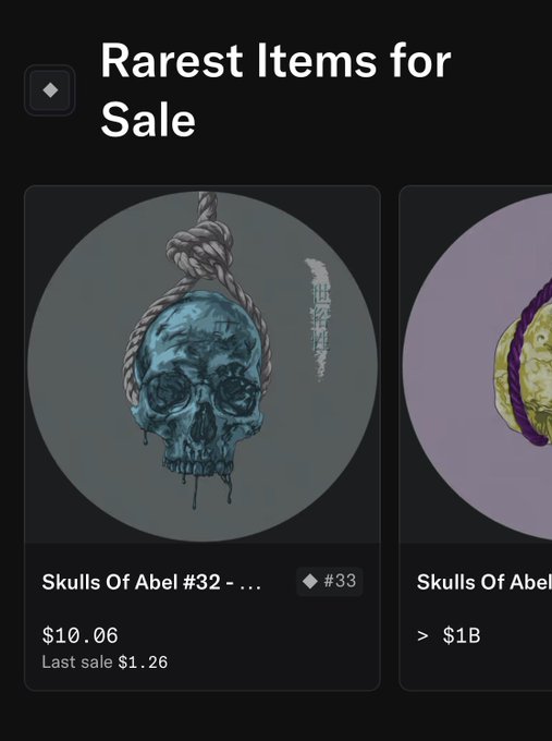 A screenshot of an NFT marketplace showing 'Skulls Of Abel' items for sale, with one priced at $10.06 and another at over $1B.