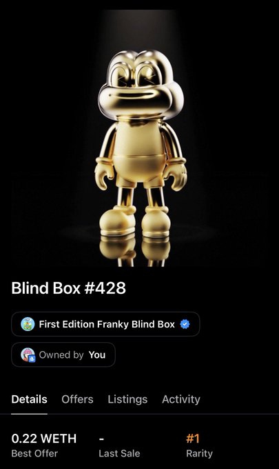 A digital collectible NFT listing on a marketplace showing a golden character figure titled 'Blind Box #428', categorized as a First Edition Franky Blind Box owned by 'You', with a best offer of 0.22 WETH.