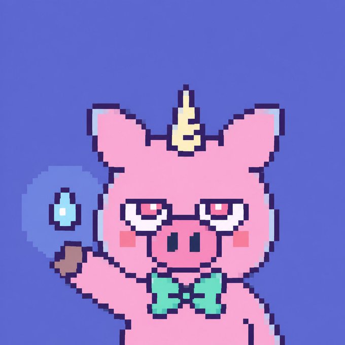 A pixel art illustration of a pink pig-like character wearing a unicorn horn, a teal bow tie, and holding a blue staff, set against a purple background.