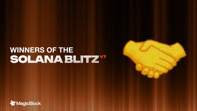 The image announces the winners of Solana Blitz V7, a hackathon hosted by MagicBlock, featuring a pixelated yellow handshake graphic against an orange-gradient background. The text on the left reads "WINNERS OF THE SOLANA BLITZ V7" with the MagicBlock logo in the corner, celebrating the winning projects out of 65 entries.