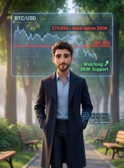 A man in a suit stands in a park with a digital overlay showing BTC/USD price charts and the text "Watching $90K Support".