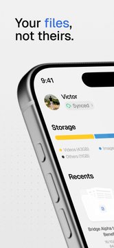 A mobile app advertisement for a cloud storage service, displaying a smartphone with the text 'Your files, not theirs' and showing a 'Storage' interface with synced files for user 'Victor'.