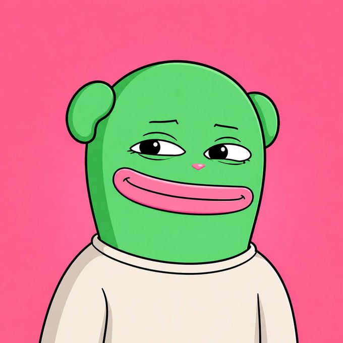 A cartoon illustration of a green bear-like character with a smug sideways glance and pink lips on a hot pink background.