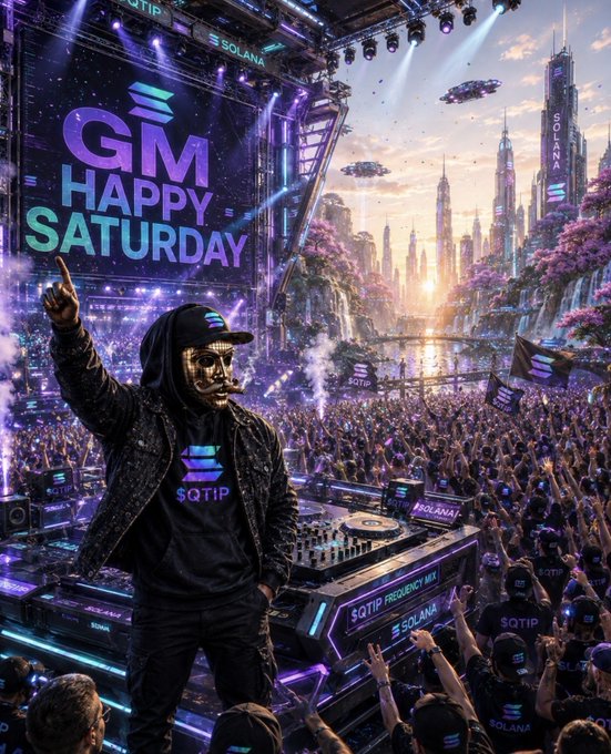 A vibrant digital artwork showing a DJ performing at a 'GM HAPPY SATURDAY' event on the Solana blockchain, with crowds and futuristic cityscapes.