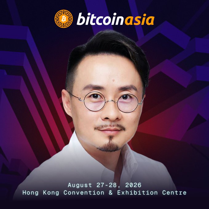 The image is a promotional graphic for Bitcoin Asia, featuring a headshot of a man with glasses and a goatee against a purple and red geometric background, with the Bitcoin Asia logo at the top and event details "August 27-28, 2026, Hong Kong Convention & Exhibition Centre" displayed at the bottom. The graphic aligns with the speaker's announcement of being invited to share at the Hong Kong conference, serving as a visual announcement of his participation in the 2026 event.