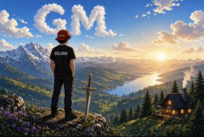A digital illustration shows a figure from behind wearing a black 'SOLANA' t-shirt and a red cap, looking out over a mountain valley with the word 'CAMP' written in clouds above.