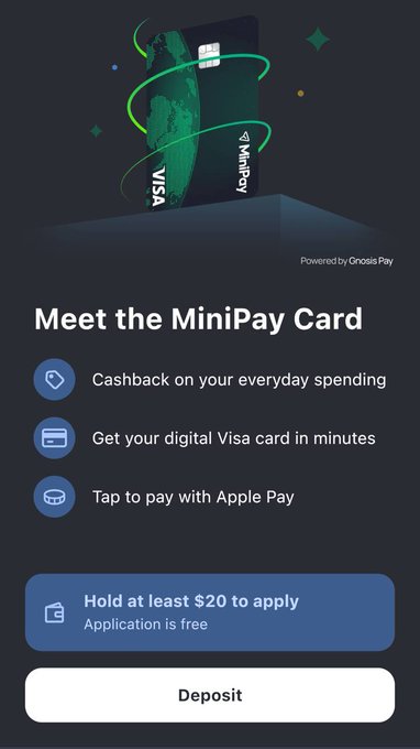 An advertisement for the MiniPay Card, a digital Visa card, listing features like cashback, instant issuance, and Apple Pay compatibility, with a "Deposit" button.
