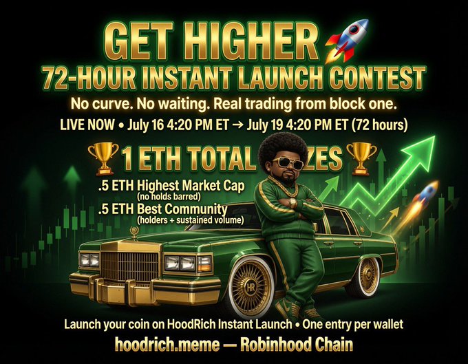 A promotional graphic for the "Get Higher 72-Hour Instant Launch Contest" featuring a cartoon figure leaning against a green lowrider with rockets and upward arrows, advertising 1 ETH in total prizes (0.5 ETH for highest market cap and 0.5 ETH for best community) running July 16–19, with the HoodRich/HoodRich.meme branding and Robinhood Chain logo at the bottom.