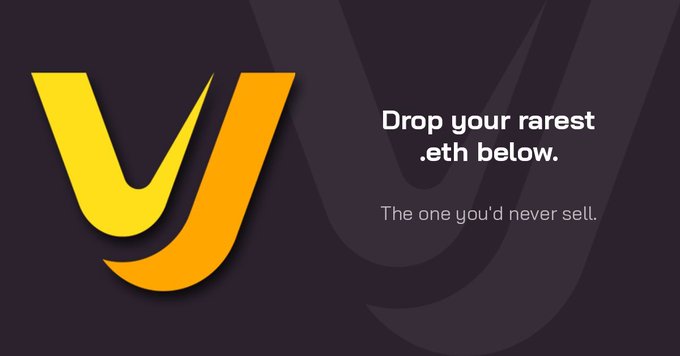 A dark promotional graphic with a yellow and orange 'Vy' logo, featuring text that reads 'Drop your rarest .eth below. The one you'd never sell.'