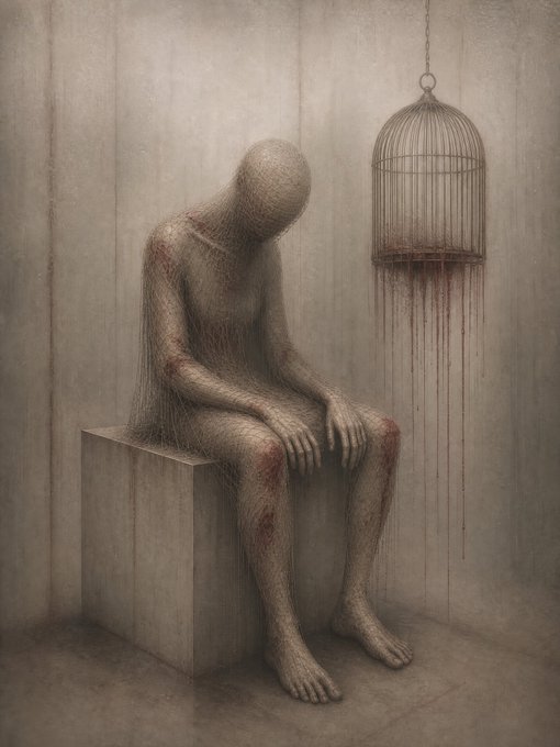 A surreal, dark artwork depicting a faceless humanoid figure made of netting or mesh sitting hunched on a block, with a red-stained empty birdcage hanging nearby.