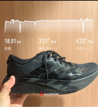 Hand holding a black Nike running shoe with Coros stats showing 18.01 km, 3'21'' /km max speed, and 4'23'' /km average pace.