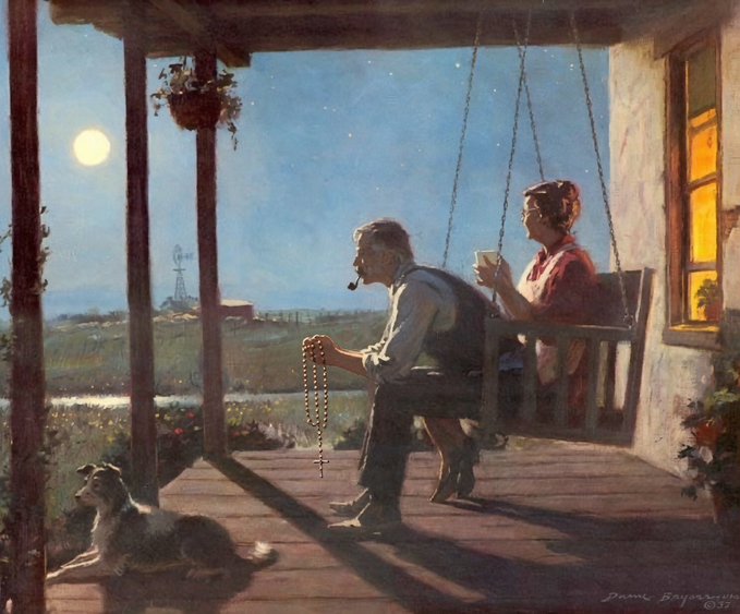 A pastoral painting by Duane Bryers (1953) showing an older couple sitting peacefully on a porch swing at night, with the man holding a rosary and the woman a cup, a dog resting in the foreground, and a moonlit landscape beyond.