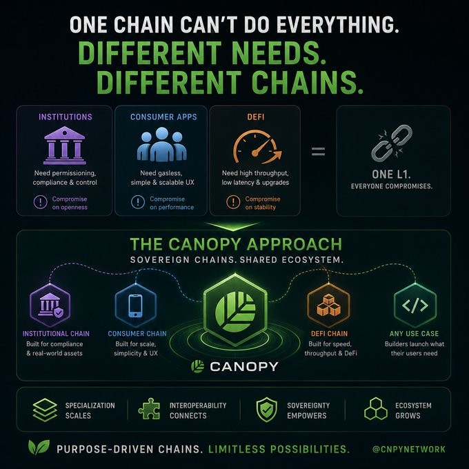 An infographic for Canopy Network explaining why one blockchain cannot serve all needs, contrasting a single L1 chain with the 'Canopy Approach' of purpose-driven sovereign chains (Institutional, Consumer, DeFi, Any Use Case). Tagline: 'Purpose-driven chains. Limitless possibilities.' @CNPYNETWORK.