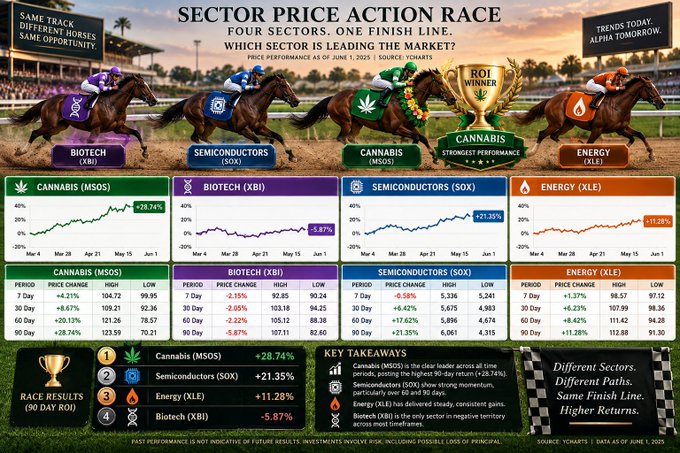 A financial infographic titled 'SECTOR PRICE ACTION RACE' comparing four market sectors with horse racing imagery: Cannabis (MSOS) leading with +28.74%, followed by Semiconductors (SOX) at +21.35%, Energy (XLE) at +11.28%, and Biotech (XBI) at -5.87%, with performance data and key takeaways based on June 1, 2025 source data.