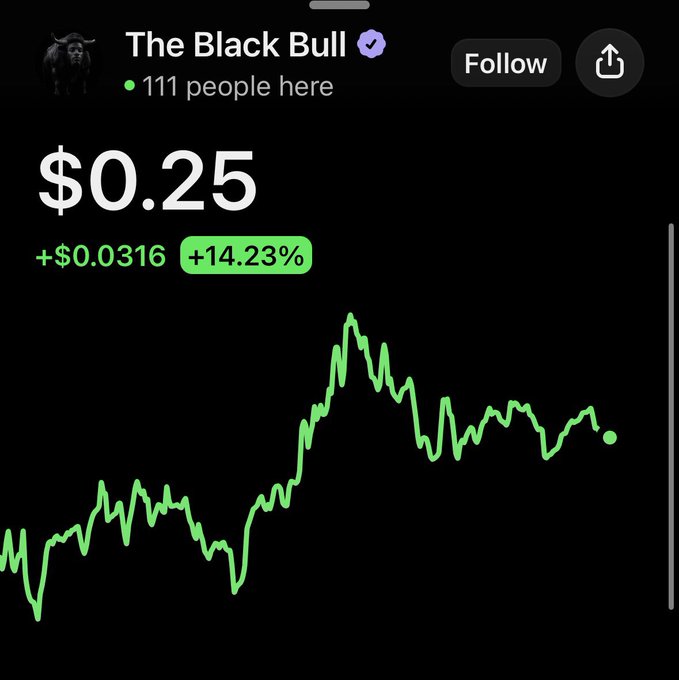 A stock or crypto chart titled "The Black Bull" shows $ANSEM trading at $0.25, up $0.0316 (+14.23%), with 111 people watching. The sharp price spike visible on the chart reflects renewed interest in the $ANSEM token, fueling speculation about whether it can reach a $1 billion market cap amid the surrounding hype.
