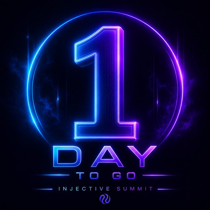 Neon-styled promotional graphic for the Injective Summit countdown showing '1 DAY TO GO' in blue and pink lighting.