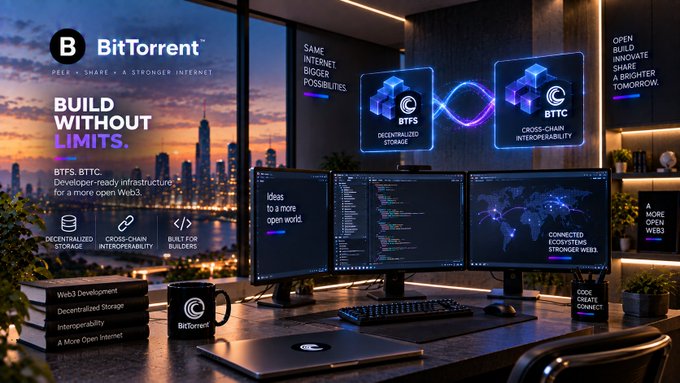 A promotional graphic for BitTorrent (BTTC) displaying the slogan 'BUILD WITHOUT LIMITS' and 'SAME INTERNET BIGGER POSSIBILITIES,' featuring icons for Decentralized Storage (BTFS) and Cross-Chain Interoperability (BTTC) above a workstation setup with monitors showing code.