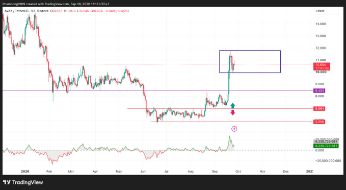 TradingView chart of AVAX/USD on Binance showing price around 10.688, with technical analysis markings, support/resistance levels, and an RSI indicator at the bottom.
