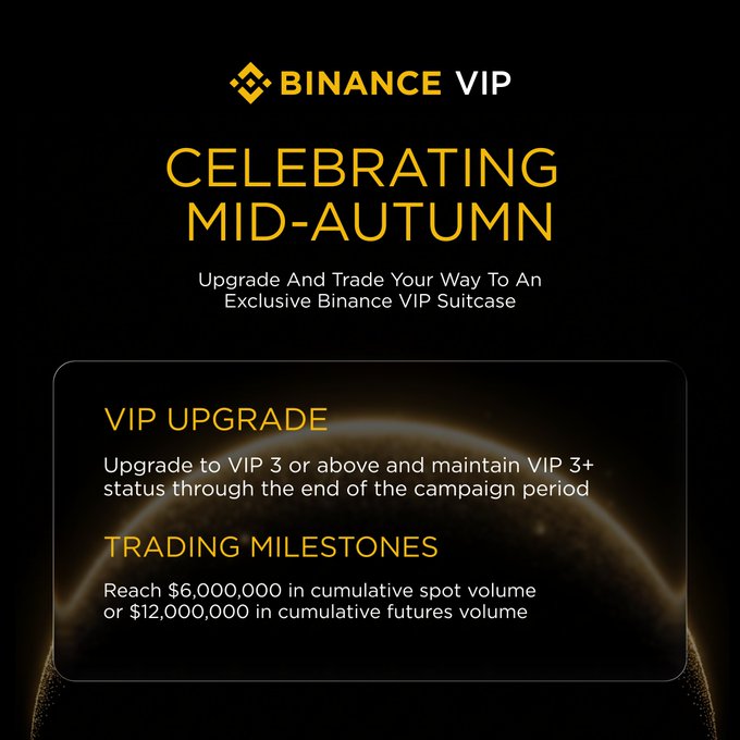 A black promotional graphic for 'BINANCE VIP' celebrating Mid-Autumn, offering an exclusive suitcase for VIP upgrades to level 3 or above with $6M spot or $12M futures trading milestones.