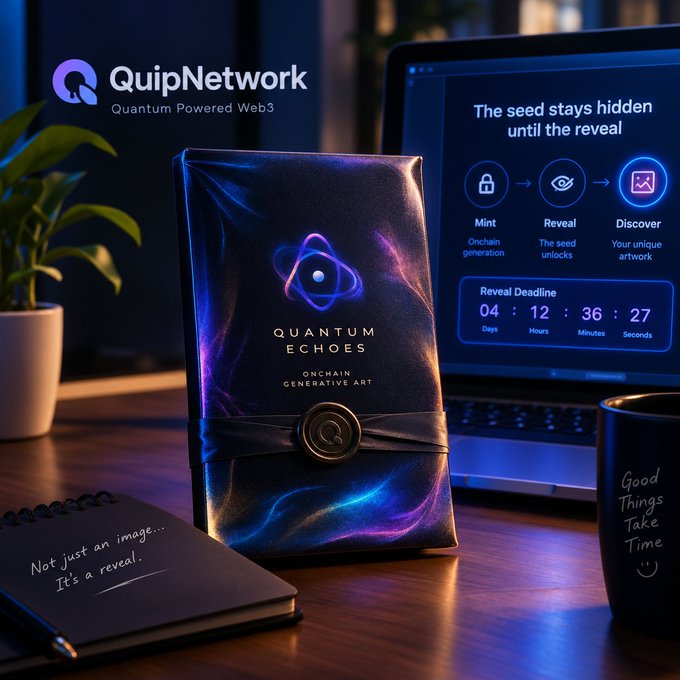 A promotional image for QuipNetwork's 'Quantum Echoes' onchain generative art, showing a sealed package with a cosmic design on a desk next to a laptop displaying a reveal countdown timer of 04 days, 12 hours, 36 minutes, 27 seconds.