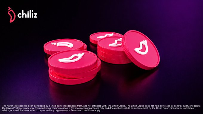 Chiliz (CHZ) promotional image showing stacks of pink/red coins with the Chiliz flame logo on a purple gradient background, with a disclaimer about Kayen Protocol at the bottom.