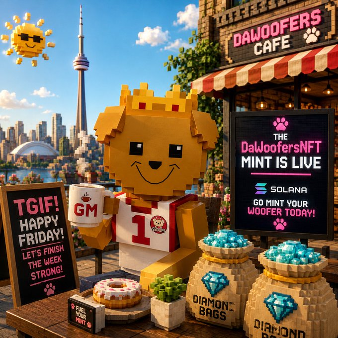 A vibrant 3D voxel-style NFT promotional image features a smiling dog character wearing an apron at 'DaWoofers Cafe,' advertising 'THE DaWoofersNFT MINT IS LIVE' on Solana blockchain with diamond bags and 'TGIF' signage.