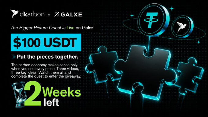A promotional graphic for the "Bigger Picture Quest" on Galxe by dkarbon, featuring glowing puzzle pieces and a "$100 USDT" giveaway, with "2 Weeks left" to watch three videos and complete the quest before August ends.