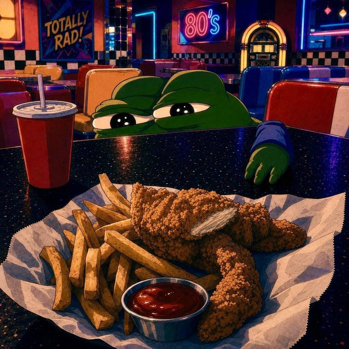 A Pepe the Frog character peeking over a diner table in a retro 80's themed restaurant, gazing longingly at a basket of fried chicken tenders and fries with ketchup, alongside a red soda cup.