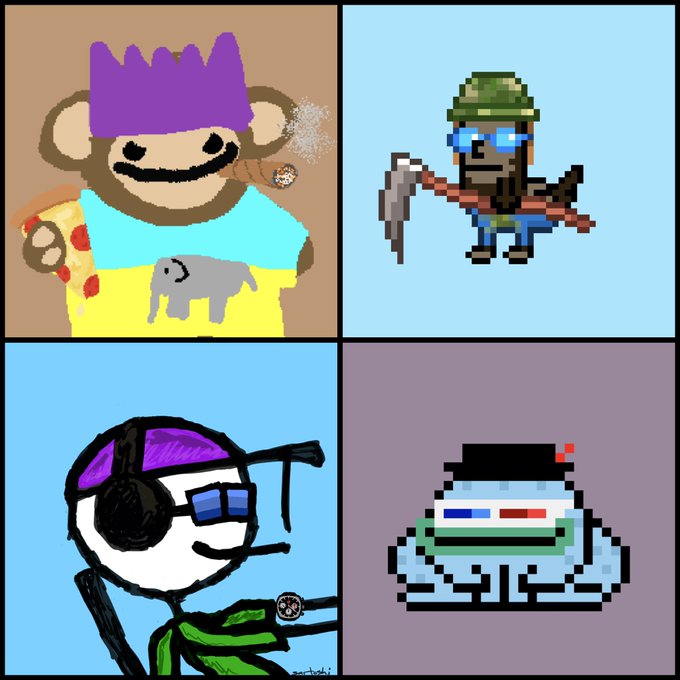 A four-panel cartoon drawing featuring a bear-like character with a purple crown, a pixelated warrior, a stick figure with sunglasses, and a blue tank-like character.