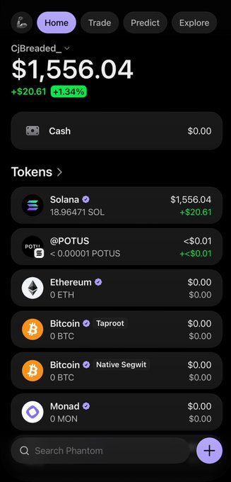 A screenshot of a Phantom wallet shows a balance of $1,556.04 (18.96 SOL) with +$20.61 (+1.34%) gains, alongside smaller holdings like @POTUS (<$0.01), illustrating the user's crypto portfolio they'll likely use to send the promised $5 in SOL to three lucky commenters.