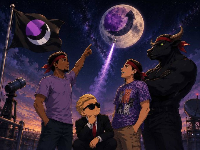The image is a stylized illustration featuring three characters—two men wearing matching red headbands and purple shirts (one with a cat print), a person in sunglasses and a suit, and a massive anthropomorphic black bull with a red headband—gathered beneath a night sky where a rocket is launched directly at a moon emblazoned with a purple crescent logo. The $GMEBULL flag flying in the scene mirrors the bull mascot and ties into the post's theme of a "moonshot" launch for the token, with the rocket trajectory toward the logo'd moon symbolizing the project's bold climb toward CEX liquidity.