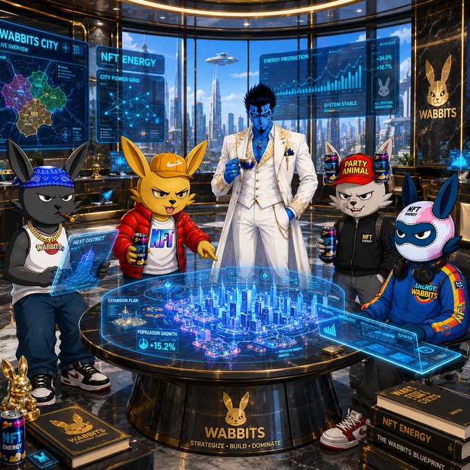 A vibrant digital scene titled 'WABBITS CITY' features anthropomorphic rabbit characters in streetwear gathered around a holographic table displaying a city blueprint, with an NFT Energy theme.