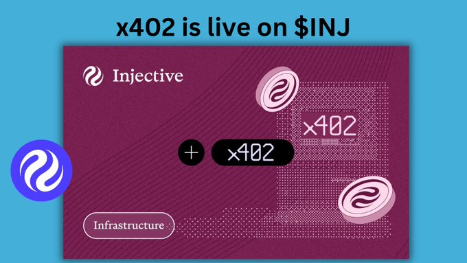 The image features an advertisement for a new payment system called "x402" which allows AI agents to make payments without human involvement. The text on the image reads, "AI agents making payments on the internet without humans involved sounds futuristic but @injective just made it real with x402. x402 is a new payment standard that lets AI agents pay for APIs and online services instantly using crypto. No accounts. No subscriptions. No". This advertisement highlights the potential of this new payment system to revolutionize the way AI agents interact with the internet, making transactions faster and more secure than traditional methods.