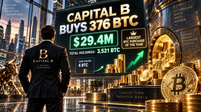 A promotional graphic stating 'CAPITAL B BUYS 376 BTC' for $29.4M, noting it as the largest BTC purchase of the year, with total holdings of 3,521 BTC and 'last month: 6 BTC'.
