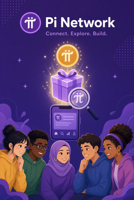 A purple-themed promotional graphic for 'Pi Network' with the tagline 'Connect. Explore. Build.' featuring an illustration of diverse young adults gathered around a gift box and smartphone displaying the Pi logo.
