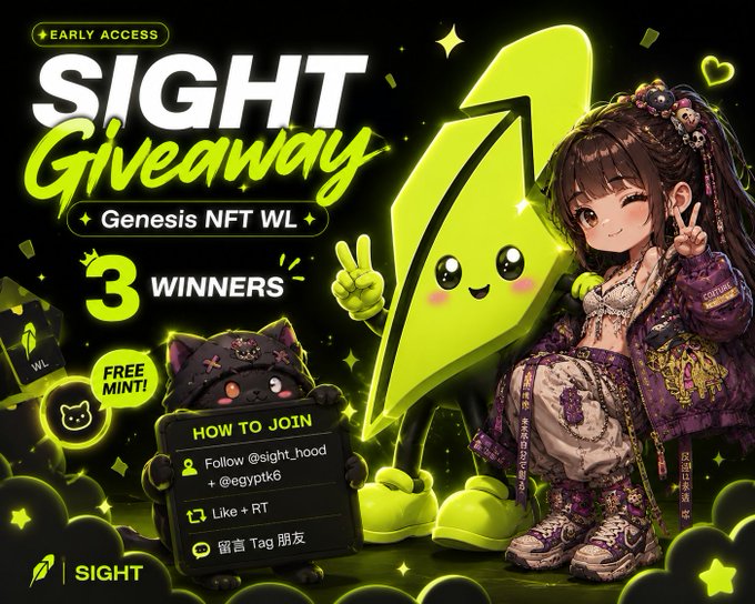 A promotional graphic advertises a 'SIGHT Giveaway' for a Genesis NFT WL with 3 winners, featuring instructions to follow @sight_hood and @egypk6, like and retweet.