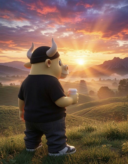 A 3D-rendered character wearing a black t-shirt, jeans, and a Viking-style horned beanie holds a coffee cup while standing in a grassy field at sunset.