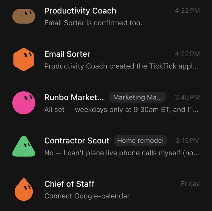 A mobile app interface displaying notifications from various AI assistants, including Productivity Coach, Email Sorter, Runbo Marketing Manager, Contractor Scout, and Chief of Staff.