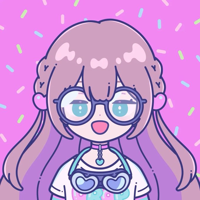 A digital drawing of a smiling chibi-style anime girl with glasses, purple hair, and heart-themed clothing against a bright pink background with colorful sprinkles.